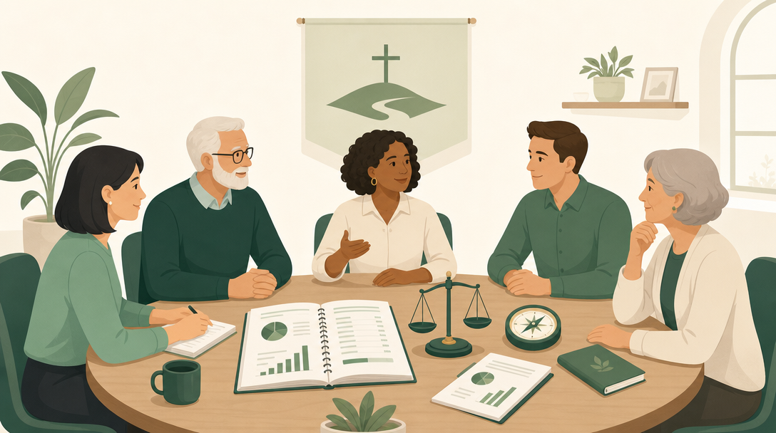 A nonprofit board of directors seated around a table reviewing a budget and financial statements, with a mission banner behind them.