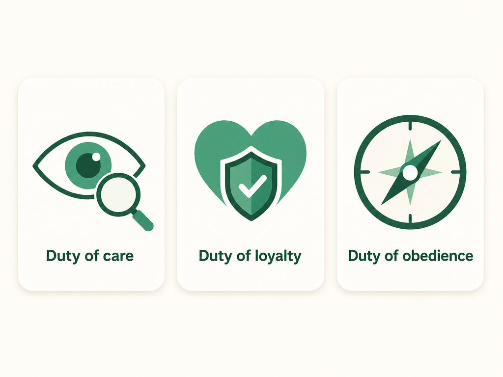 The three fiduciary duties a nonprofit director owes, shown as three cards: duty of care (stay informed and act prudently), duty of loyalty (put the organization first), and duty of obedience (follow the law and the mission).