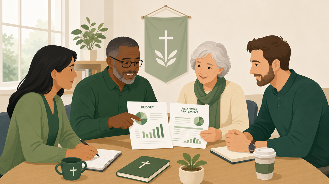 A volunteer nonprofit board seated around a table reviewing a budget and financial statement together, with a mission banner behind them.