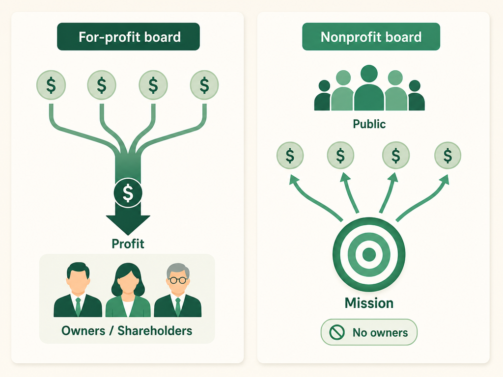 A side-by-side comparison: a for-profit board funnels money to profit for its owners, while a nonprofit board has no owners and directs everything toward the mission and the public it serves.