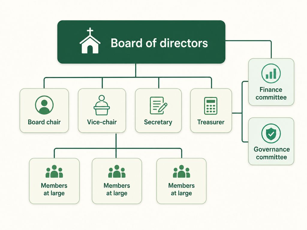 An organizational chart of a nonprofit board: the board of directors at the top, then the four officer positions (board chair, vice-chair, secretary, treasurer), a row of at-large members below, and finance and governance committees to the side.