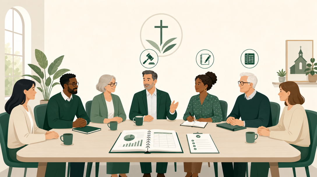 A nonprofit board seated around a table with its officer positions marked by simple icons — a gavel for the chair, a notebook for the secretary, and a ledger for the treasurer — alongside general members.