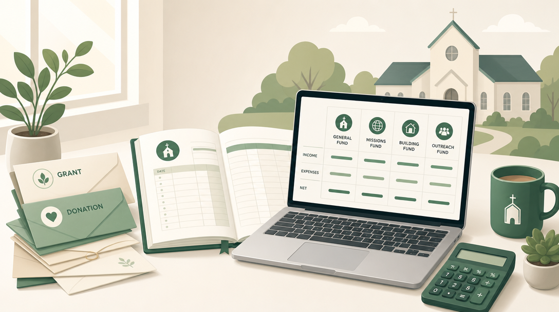 A nonprofit's books being kept — income and expenses sorted by fund and restriction, flowing into financial statements and a Form 990.