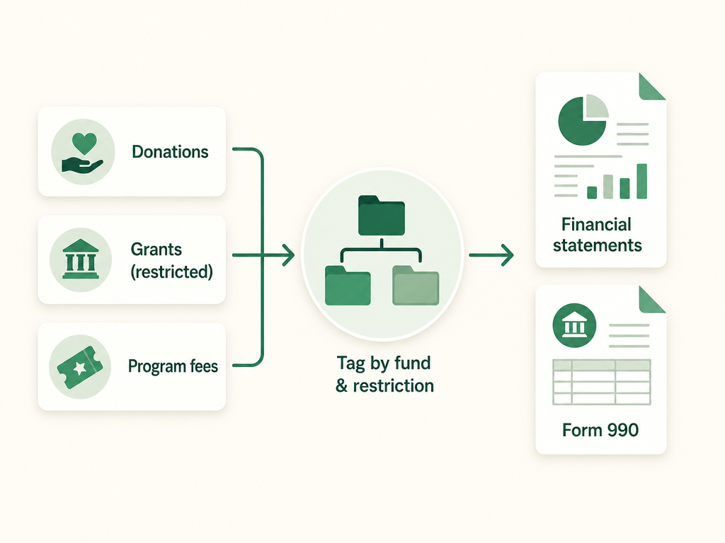 Nonprofit bookkeeping sorts each gift and expense by fund and by donor restriction, then rolls them up into financial statements and a Form 990.