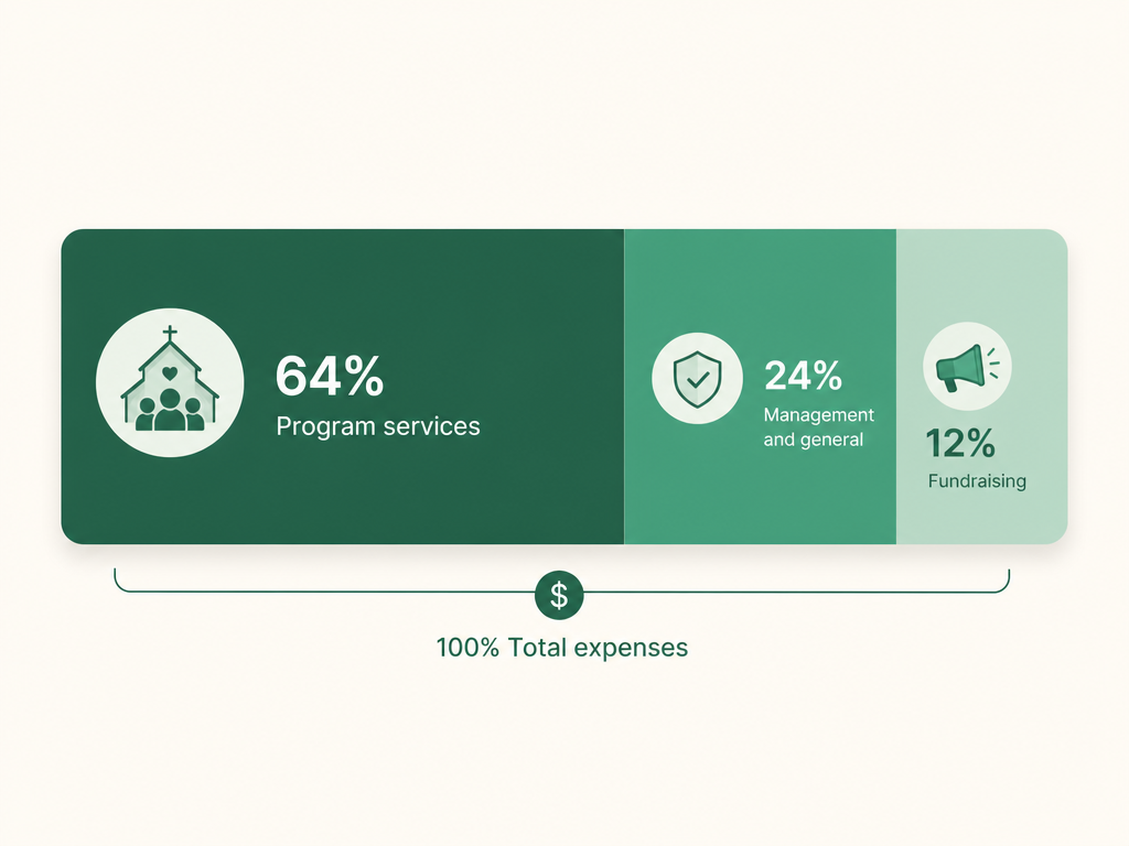 Nonprofit expenses split by function: program services (largest share), management and general, and fundraising.