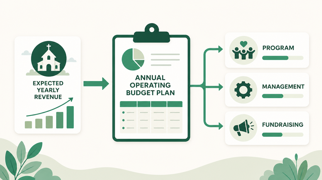 A nonprofit operating budget splitting expected revenue into program, management, and fundraising functions for the year.