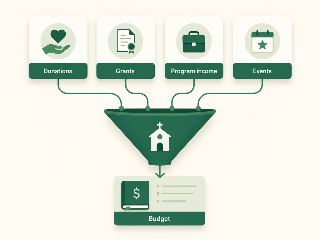 Four nonprofit revenue sources feeding one budget: donations, grants, program income, and fundraising events.