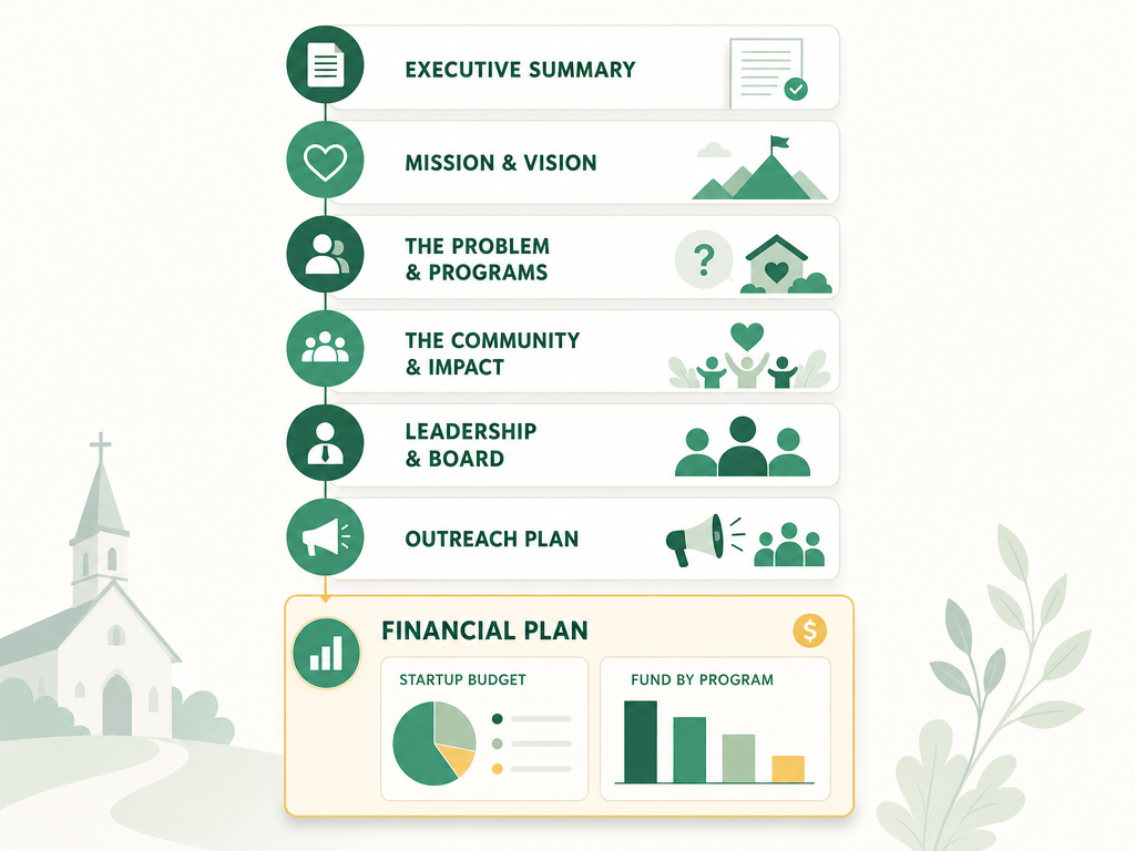 A section-by-section nonprofit business plan outline as a vertical stack: executive summary, mission and vision, problem and programs, community and impact, leadership and board, outreach plan, and an emphasized financial plan.
