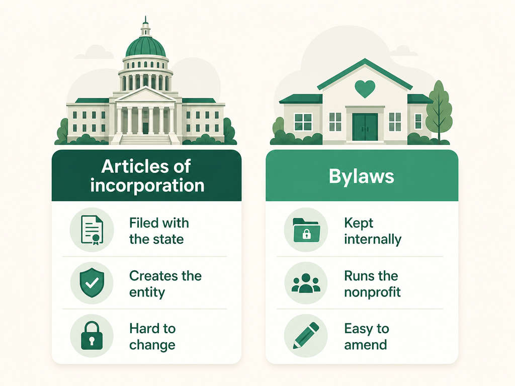 Articles of incorporation are filed with the state, create the legal entity, and are hard to change; bylaws are kept internally, run the nonprofit day to day, and are easier to amend.