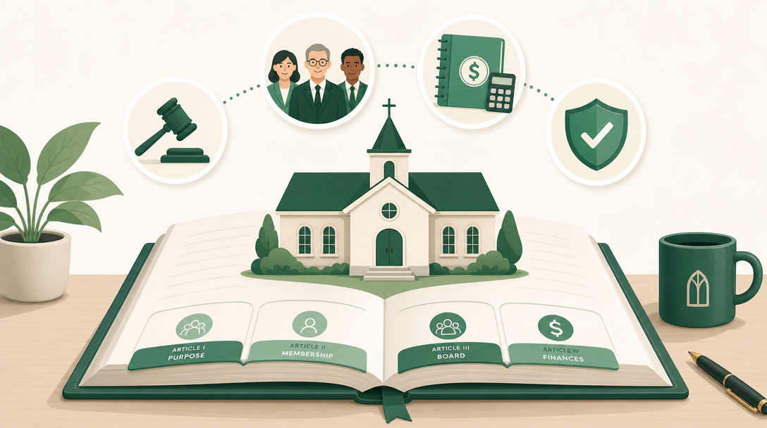 An open nonprofit rulebook with tabbed articles and a small organization building on the page, surrounded by icons for governance, the board, finances, and IRS compliance.