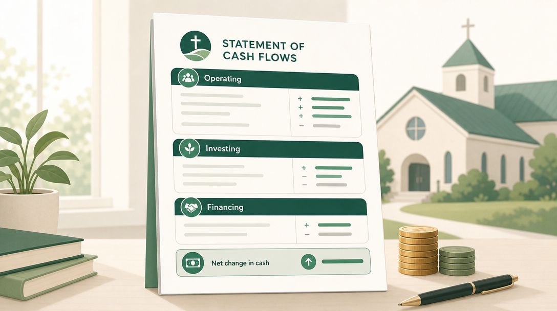 A nonprofit statement of cash flows showing operating, investing, and financing sections ending in the net change in cash for the period.