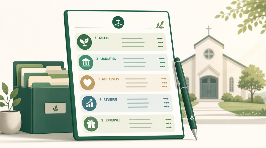 A nonprofit chart of accounts organized into five numbered sections — assets, liabilities, net assets, revenue, and expenses.