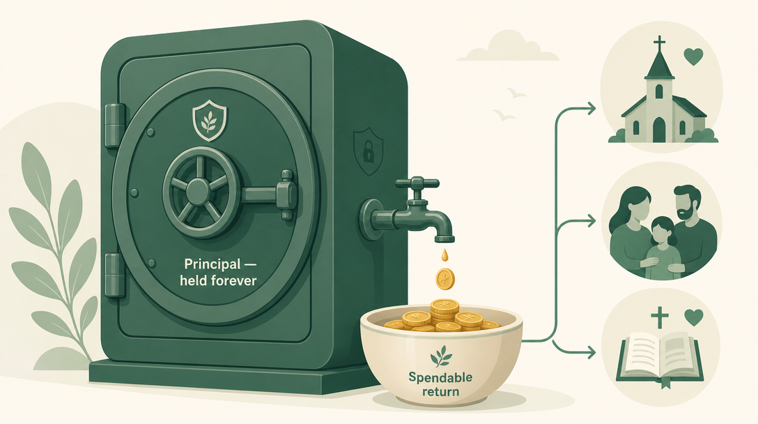 An endowment vault labeled 'Principal — held forever' staying sealed while only a small stream of investment return flows out into a spendable bowl.
