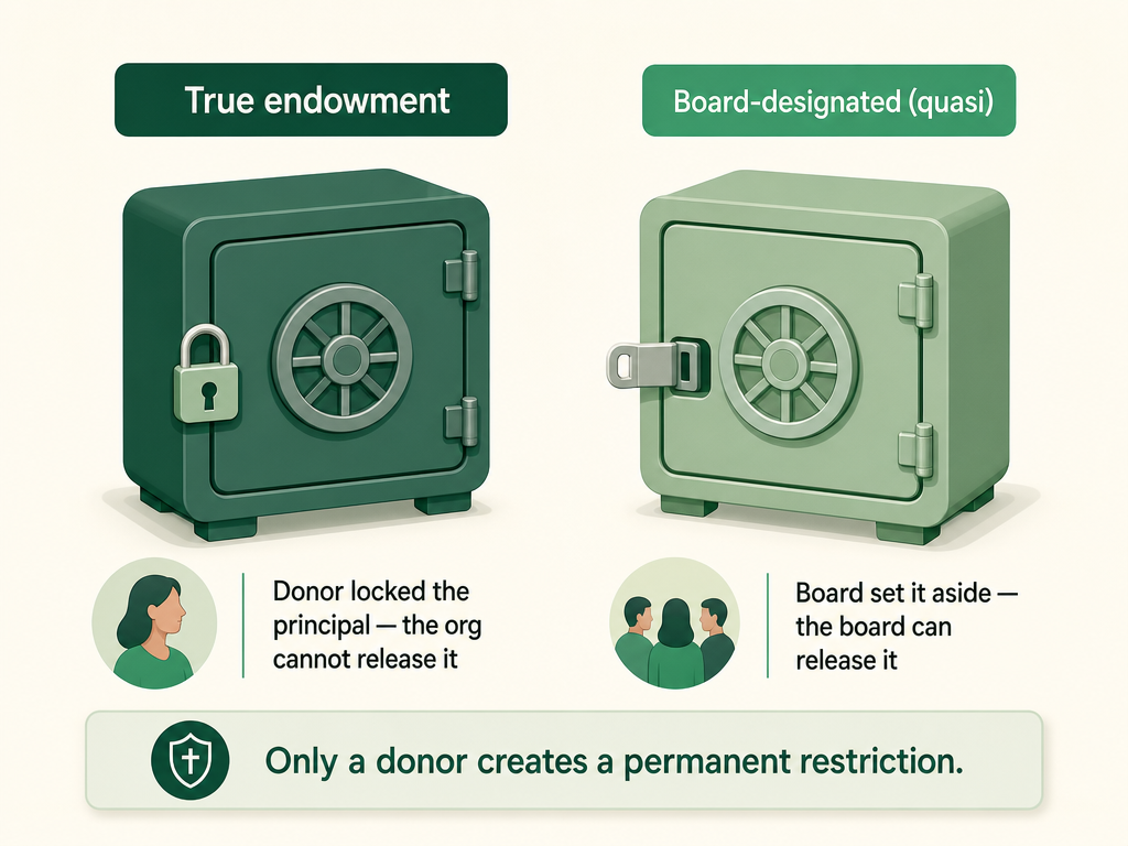 Side-by-side comparison: a padlocked true-endowment vault the donor locked forever, versus an open board-designated quasi-endowment vault the board can release.