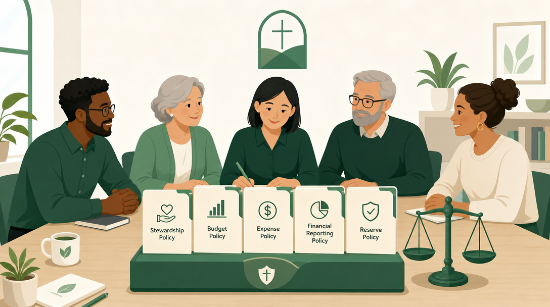 A nonprofit board adopting its financial policies — a labeled set of policy folders on a table with a board reviewing them.