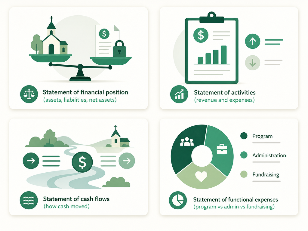 Four nonprofit financial statements and what each shows: financial position (assets, liabilities, net assets), activities (revenue and expenses), cash flows (how cash moved), functional expenses (program vs admin vs fundraising).