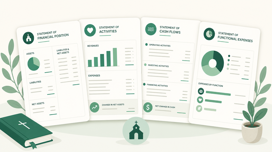 The four nonprofit financial statements — financial position, activities, cash flows, and functional expenses — summarizing a nonprofit's money.