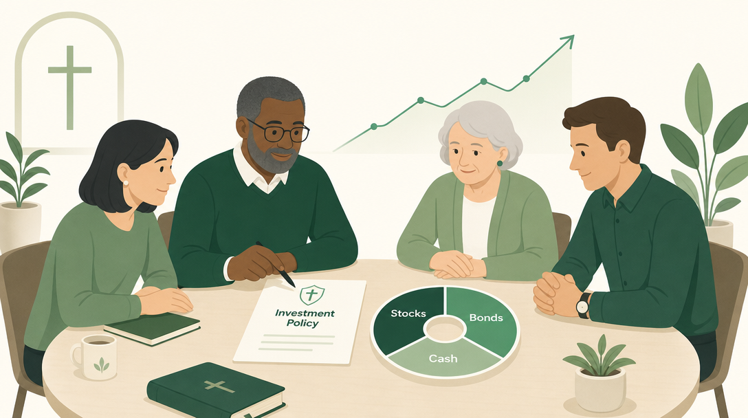 A nonprofit finance committee reviewing an investment policy statement at a table, with a chart showing reserves split across stocks, bonds, and cash.
