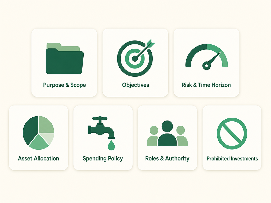The parts of a nonprofit investment policy statement shown as labeled sections: purpose and scope, objectives, risk tolerance and time horizon, asset allocation ranges, spending policy, roles and authority, and prohibited investments.