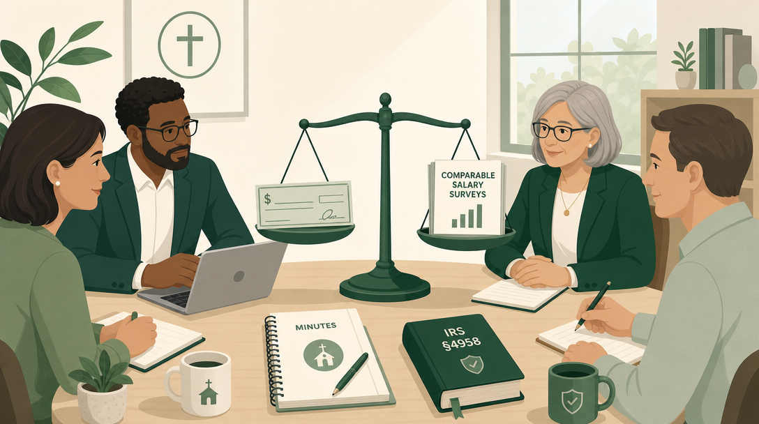 A nonprofit board weighing an executive's pay against comparable salary survey data, with the IRS section 4958 code book and the board minutes on the table.