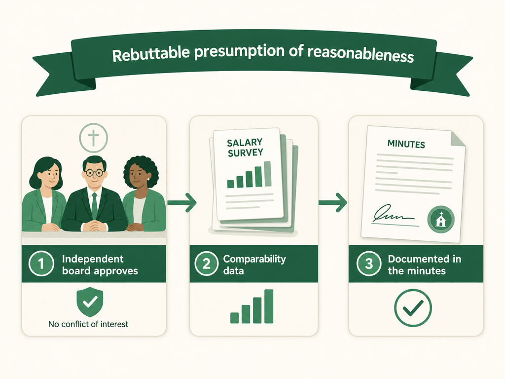 The three-part rebuttable presumption safe harbor: an independent board with no conflict of interest approves the pay, relies on comparability data from salary surveys, and documents the decision contemporaneously in the minutes.