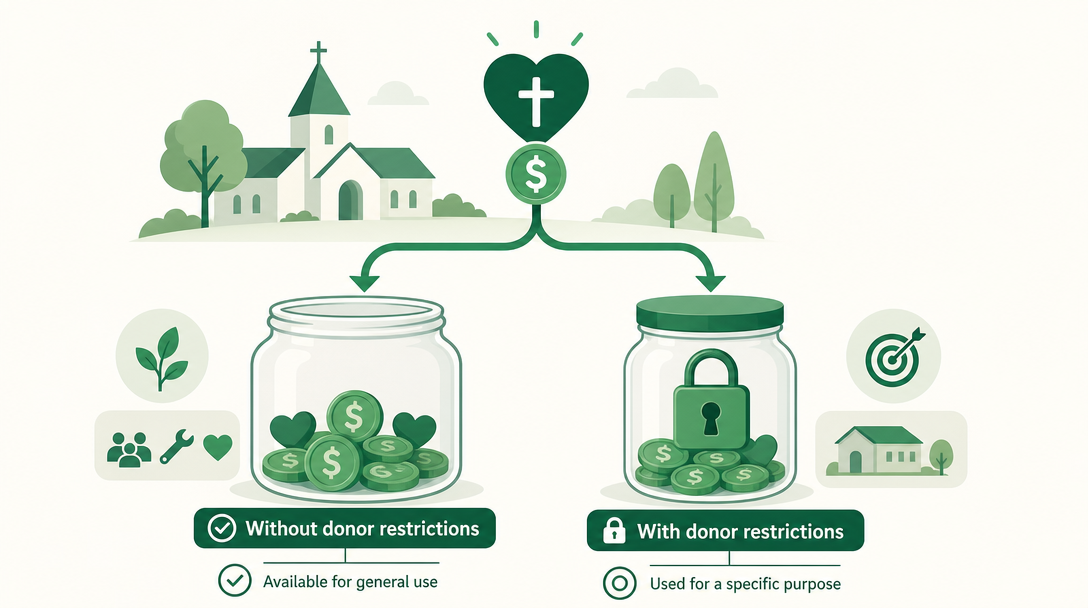 A nonprofit's donations splitting into two net-asset buckets — an open 'without donor restrictions' jar and a padlocked 'with donor restrictions' jar.