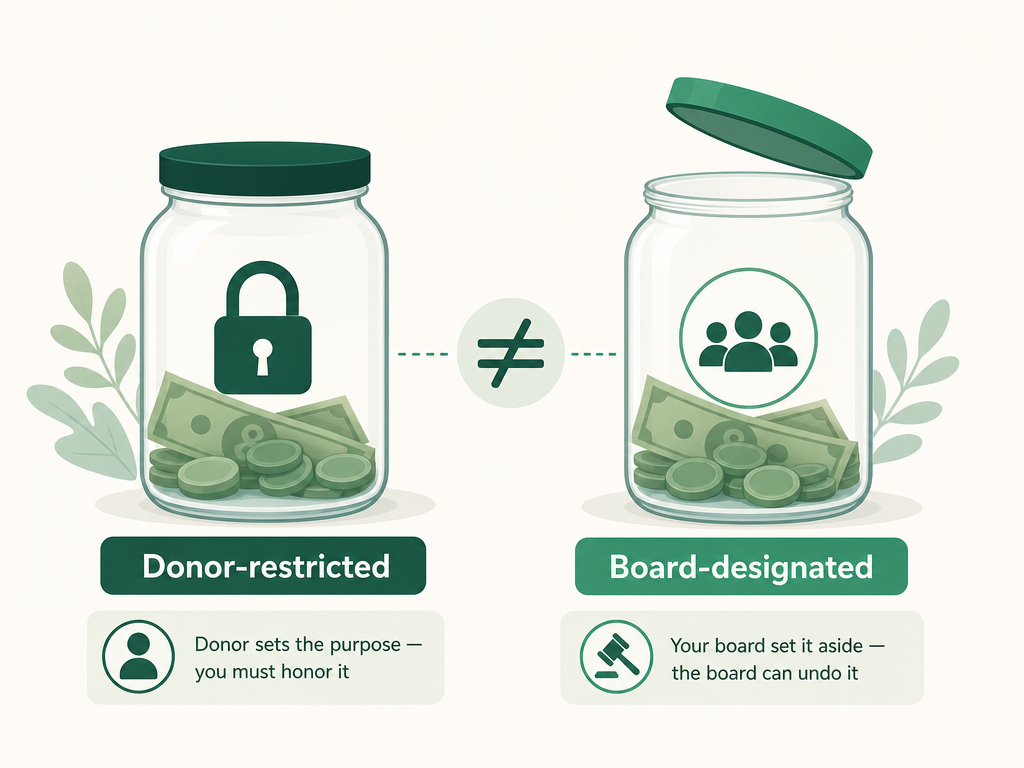 Side-by-side comparison: a padlocked donor-restricted jar the nonprofit must honor, versus an open board-designated jar the board can undo.