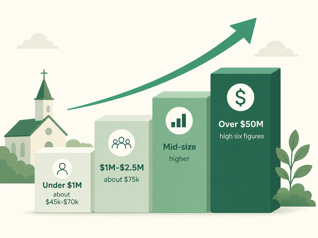 A rising staircase showing nonprofit executive pay climbing with organization budget size: roughly $45,000-$70,000 at organizations under $1M, about $75,000 at $1M-$2.5M, and into the high six figures at organizations over $50M.