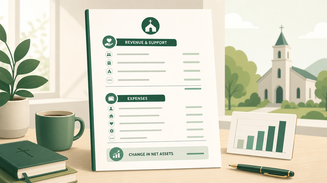 A nonprofit statement of activities showing revenue and support minus functional expenses, ending in the change in net assets by restriction.