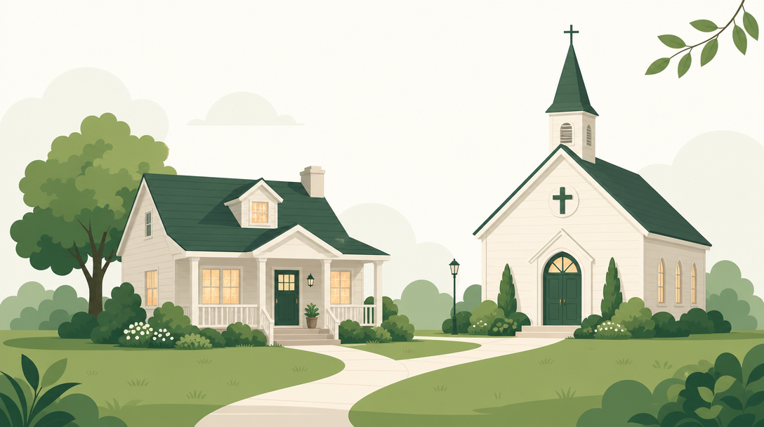 A church-owned parsonage home sitting next to a small church building.