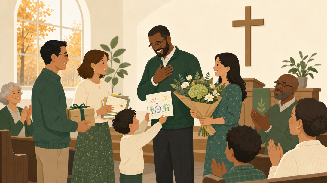 A small congregation gathered around their pastor with cards, a gift, and warm applause during Pastor Appreciation Month.