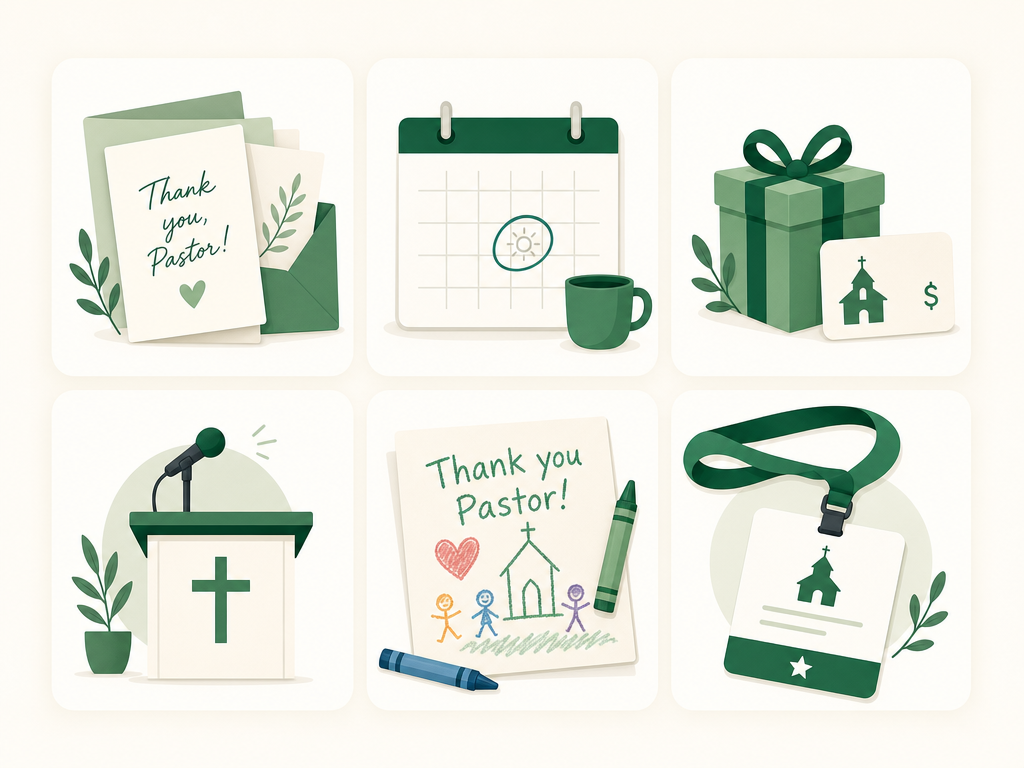 A grid of pastor appreciation ideas for a small church: a card blitz, extra time off, a gift card, public recognition, notes from the kids, and covering a conference.