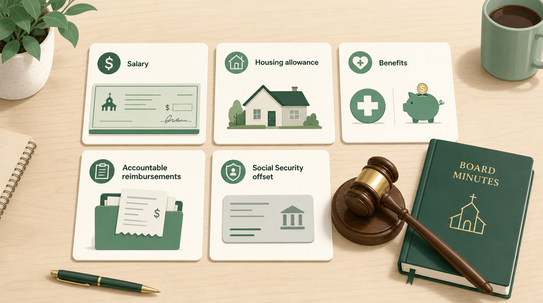 A pastor's compensation package laid out as five parts: cash salary, a designated housing allowance, benefits, an accountable reimbursement plan, and a Social Security offset.