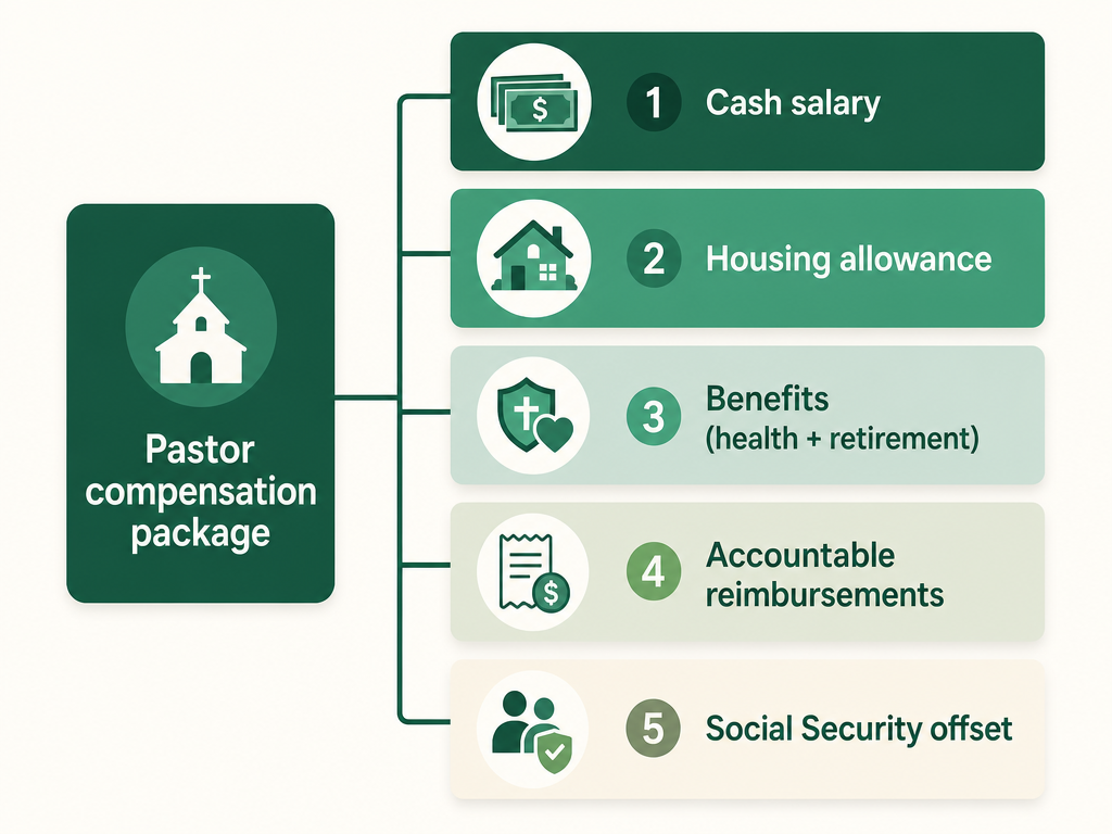 A pastor's compensation package broken into five parts: cash salary, a designated housing allowance, benefits (health and retirement), an accountable reimbursement plan, and a Social Security offset.