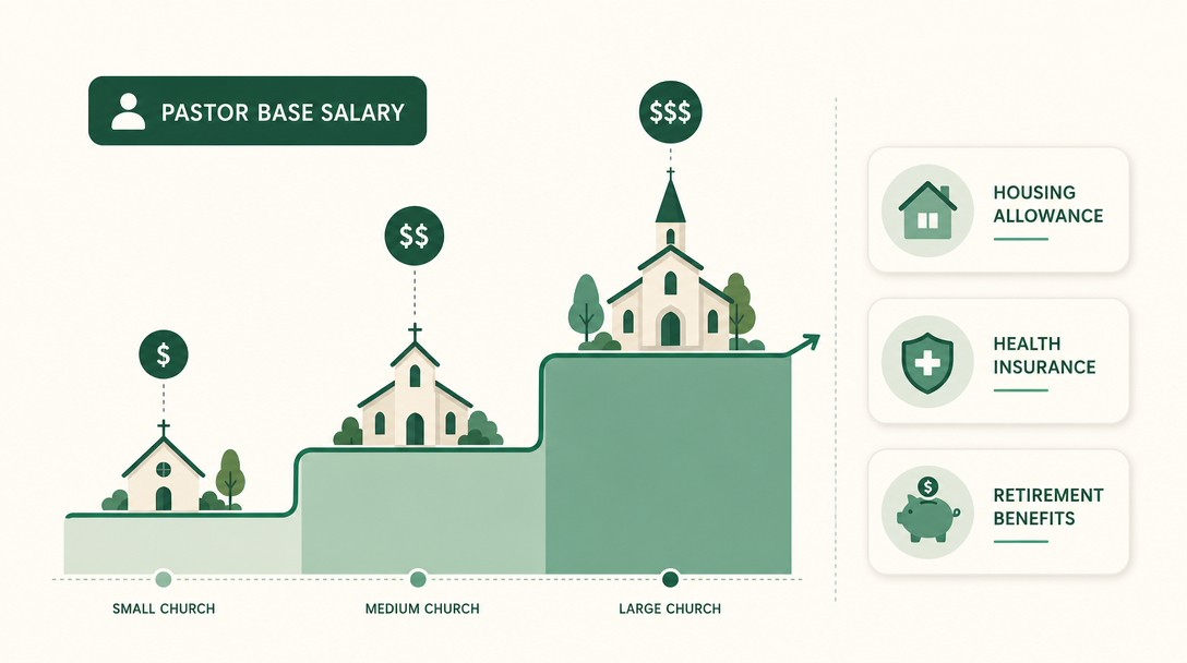 A chart of pastor salary rising with church size, alongside the benefits that make up a full compensation package.