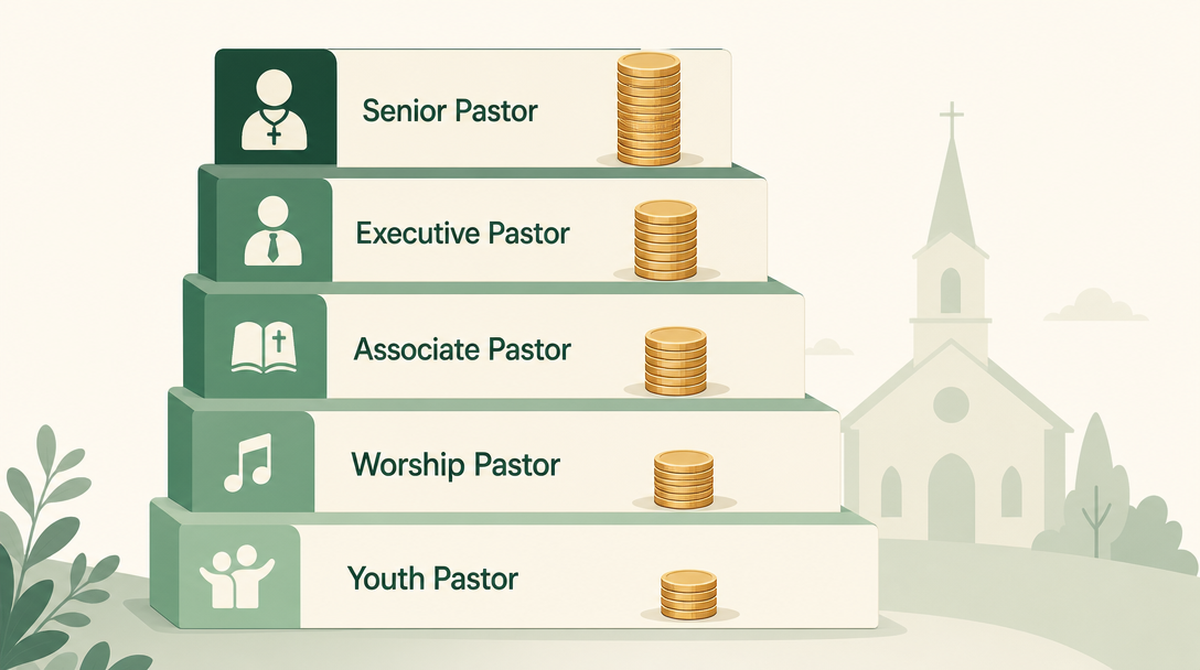 Five pastoral staff roles stacked as pay tiers — senior pastor at the top, then executive, associate and worship, with youth pastor at the base.