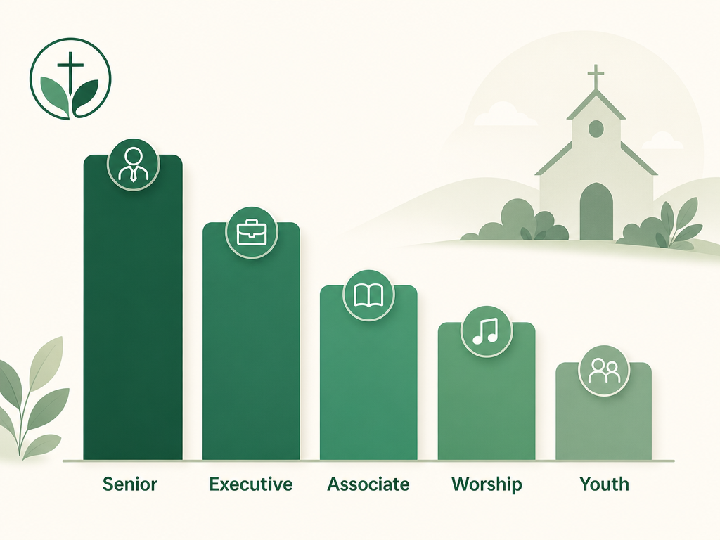 A tiered chart of pastoral roles by typical pay: senior pastor at the top, executive pastor just below, associate and worship pastors in the middle band, and youth and children's pastors at the base.