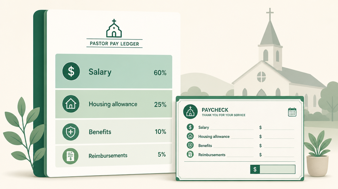 A pastor's pay shown as a ledger split into cash salary, a tax-free housing allowance, health and retirement benefits, and reimbursements.