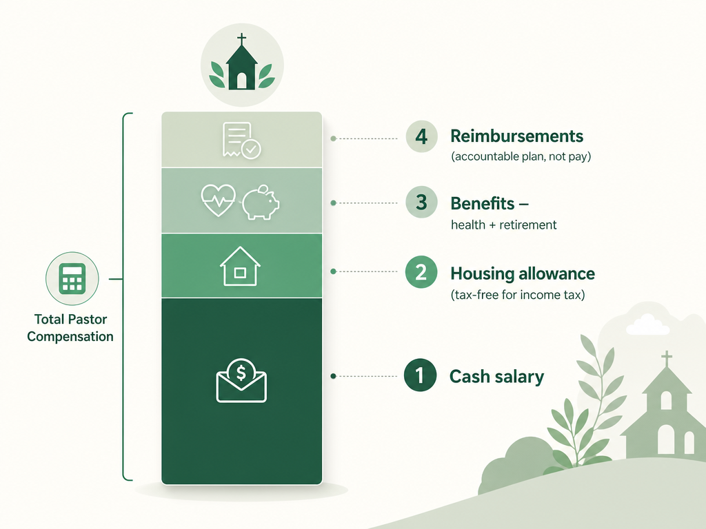 A pastor's total compensation broken into four parts: cash salary, a tax-free housing allowance, benefits (health insurance and retirement), and ministry expense reimbursements.