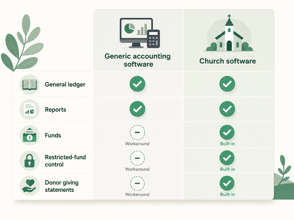 A comparison: QuickBooks handles general ledger and reports but treats funds as classes, with restricted-fund control, donor giving statements, and fund-balance reports as workarounds; church software does these natively.