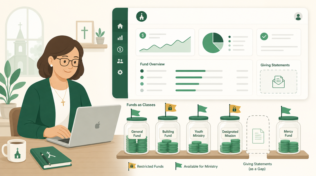 A church using QuickBooks with classes to approximate fund accounting, with restricted funds and giving statements flagged as gaps.