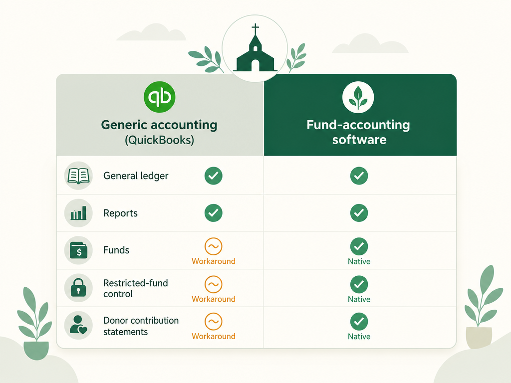 A comparison: QuickBooks handles the general ledger and reports but treats funds as classes, with restricted-fund control, donor contribution statements, and fund-balance reports as workarounds; fund-accounting software does these natively.