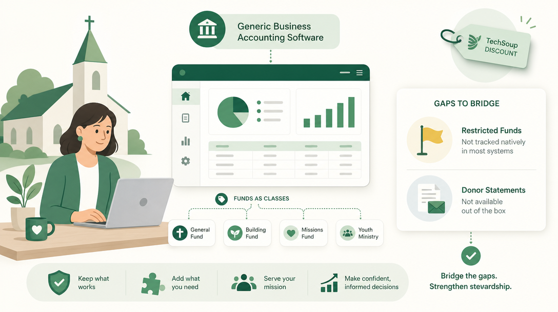 A nonprofit using standard QuickBooks with class tracking and the TechSoup discount, with fund accounting and donor statements flagged as gaps.