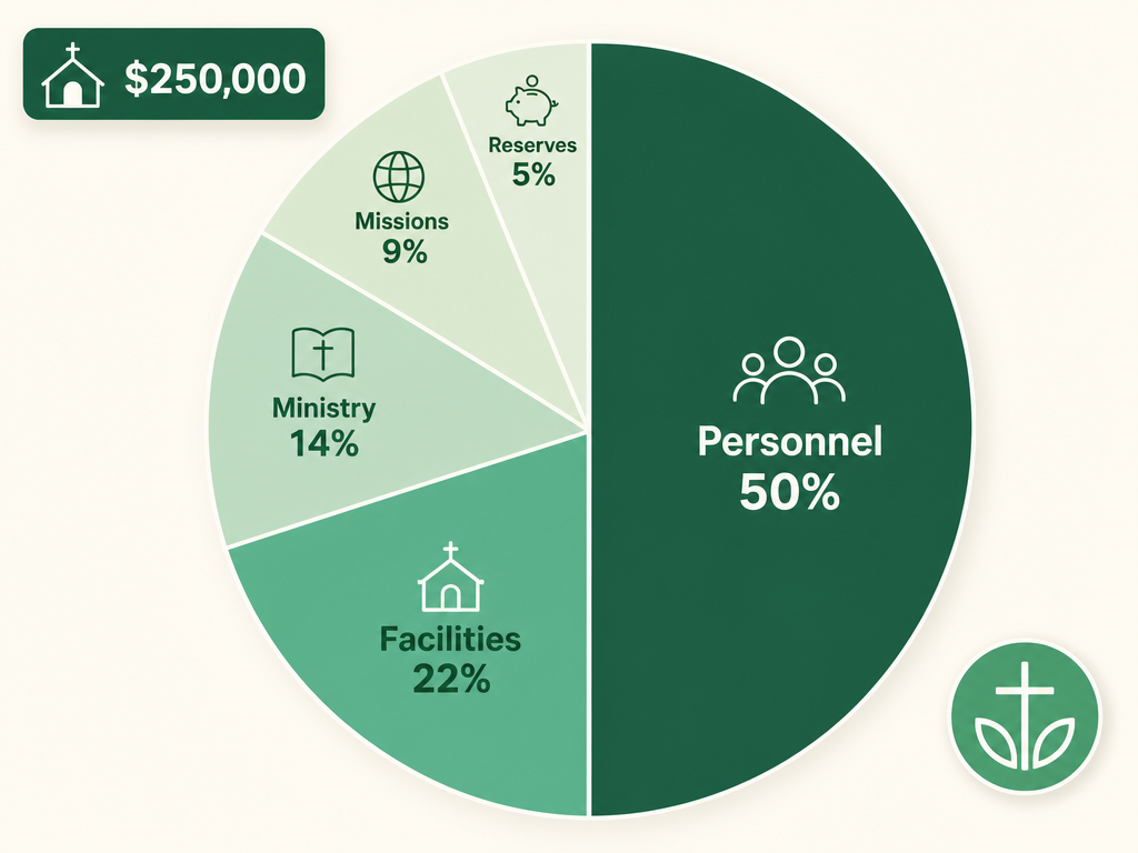 Pie chart of a sample $250,000 church budget: personnel 50%, facilities 22%, ministry 14%, missions 9%, reserves 5%.