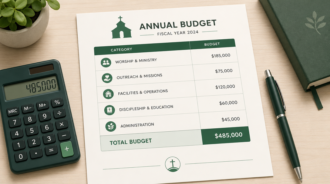 A printed sample church budget sheet with category rows and dollar amounts on a desk.