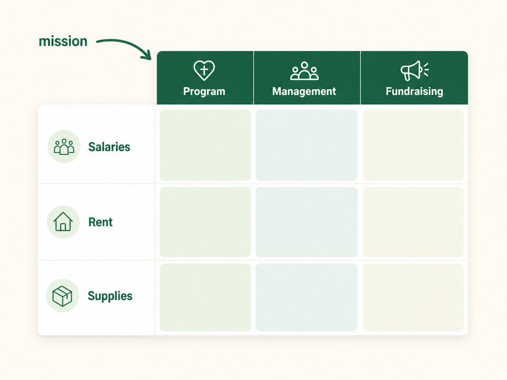 A matrix showing each natural expense — salaries, rent, supplies — spread across the program, management, and fundraising functions.