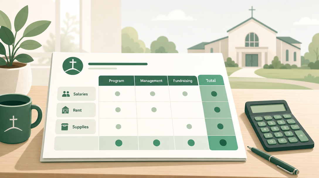 A nonprofit statement of functional expenses laid out as a matrix, with natural categories down the side and program, management, and fundraising columns across the top.