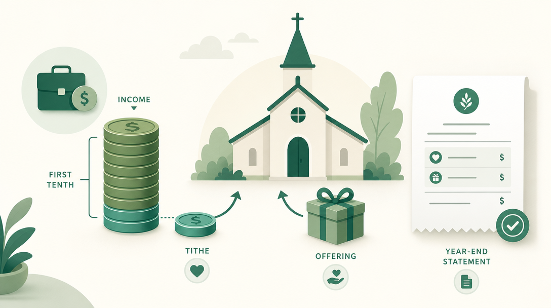 A tithe shown as a tenth of income given to a church, alongside an over-and-above offering and a year-end giving statement.