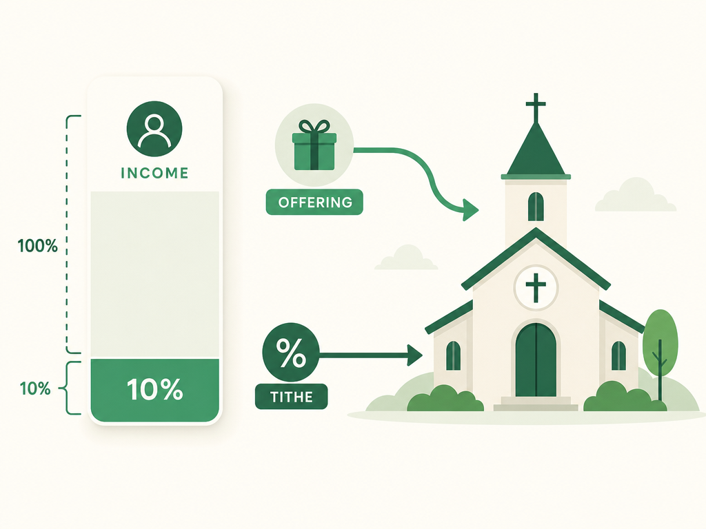 A tithe shown as the first 10% of income, and an offering shown as additional giving above the tithe, both going to the church.