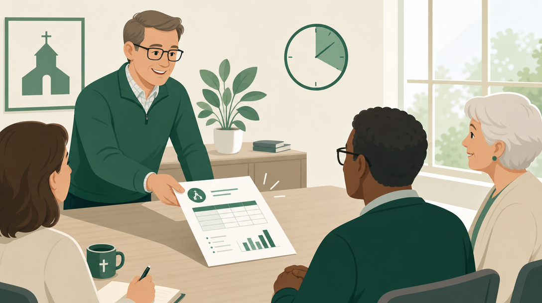 A treasurer handing a single one-page financial summary to a small church or nonprofit board across a meeting table.